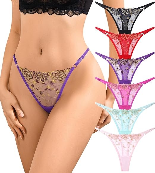 ANNYISON Womens Lace Thongs Sexy Floral Flower String Panties 6 Pack