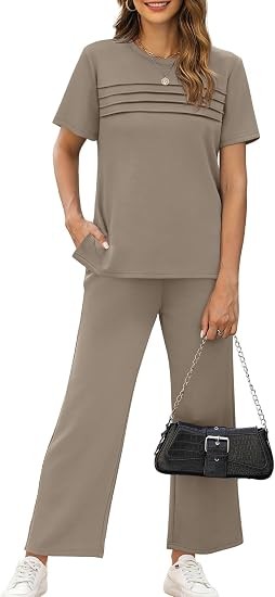WIHOLL Two Piece Sets for Women Summer Fall Travel Vacation Outfits Short Sleeve Lounge Sets Side Slit Wide Leg Pants S-3XL