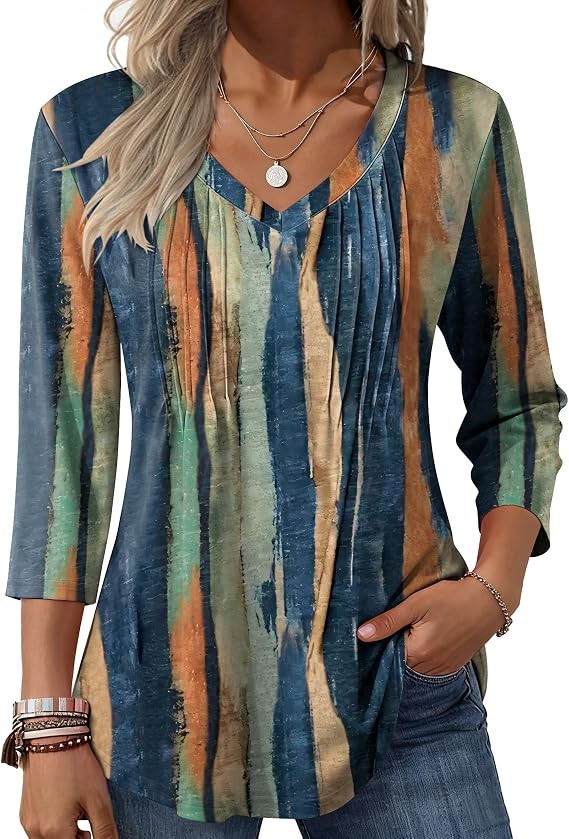 Zeagoo 3/4 Length Sleeve Womens Tops V Neck Pleated Boho Floral Blouses