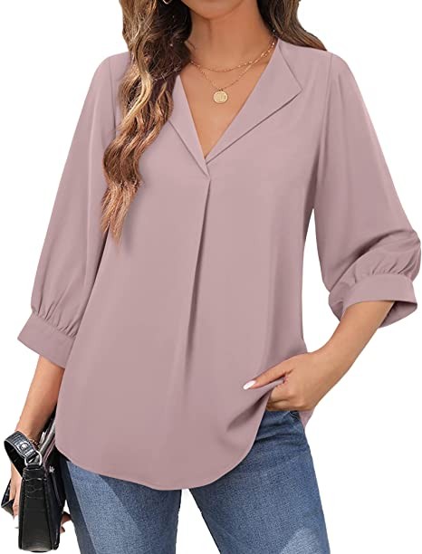 Unixseque Women's Casual Chiffon V Neck 3/4 Sleeve Business Tops Loose Work Blouses