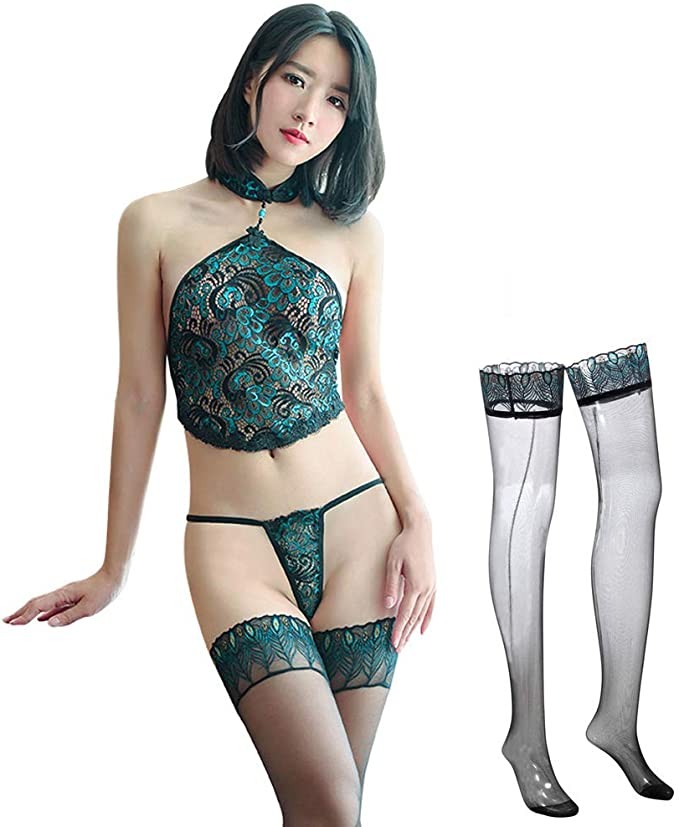 Erotic Underwear Women's Peacock Element Transparent Pajamas Lace Cheongsam Uniform Temptation Suit Underwear Set Sexy