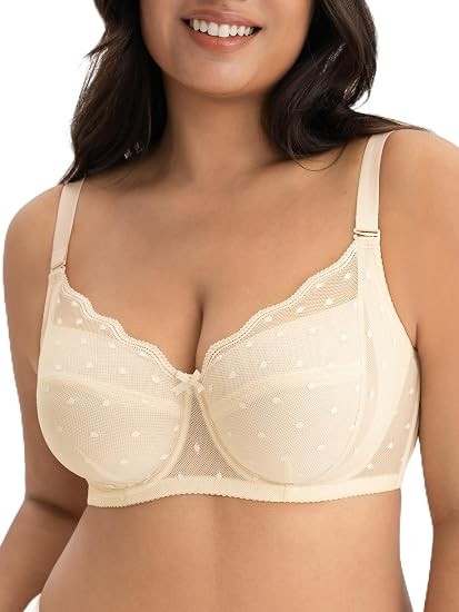 Pebble Minimizer Bra, Polka Dot Lace Unlined Non Padded Full Coverage Plus Size Underwire Support Comfort Daily Bra